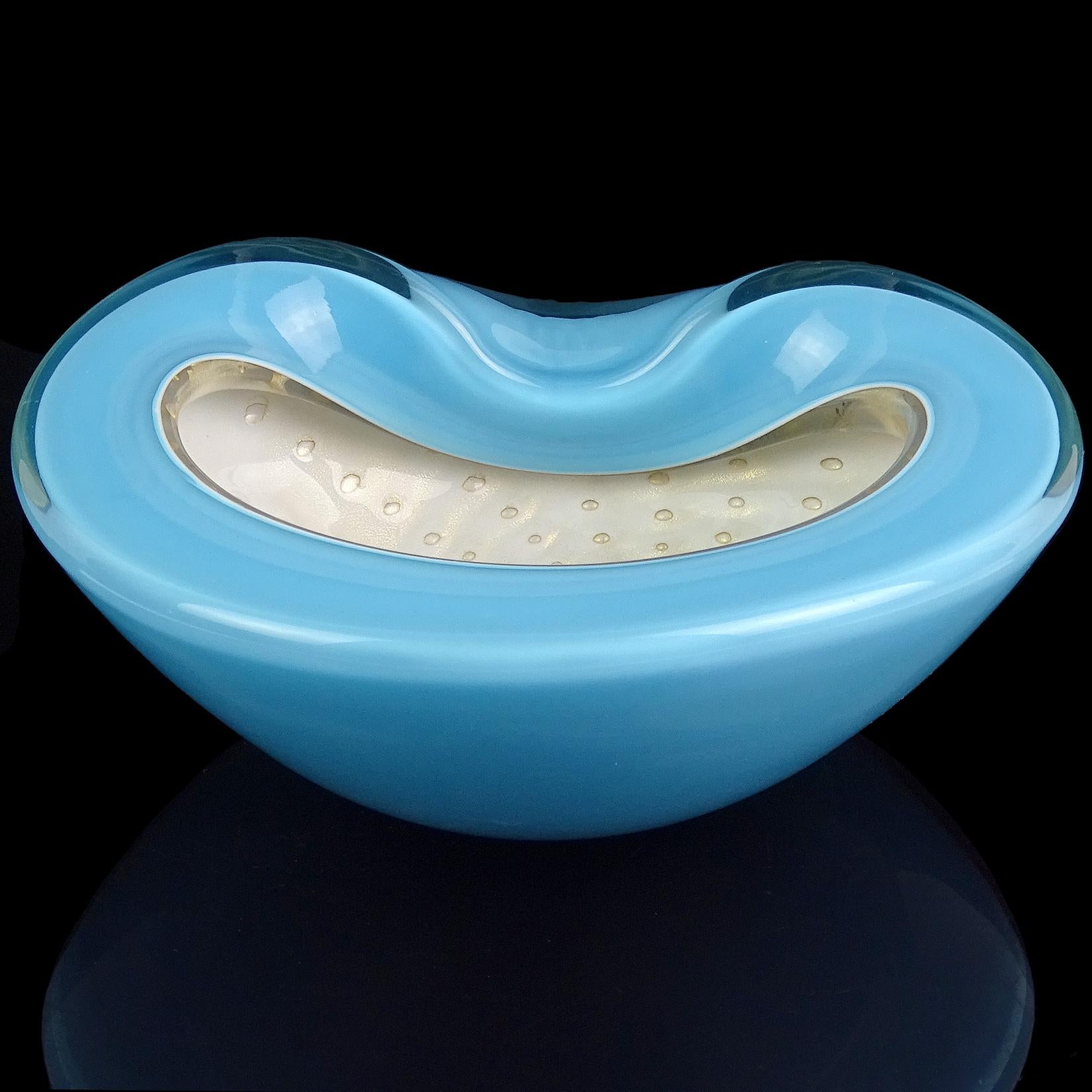 Alfredo Barbini Murano Blue White Gold Italian Art Glass Decorative Bowl Dish In Good Condition In Kissimmee, FL
