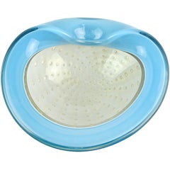 Alfredo Barbini Murano Blue White Gold Italian Art Glass Decorative Bowl Dish