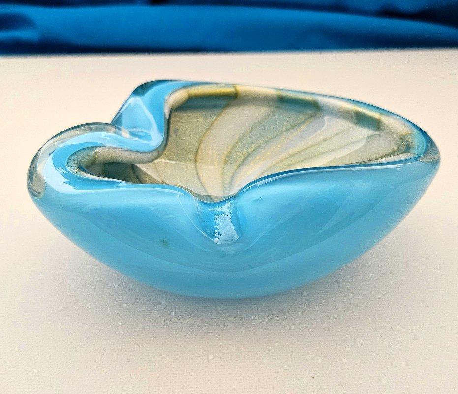 Ciotola in vetro di Murano di Alfredo Barbini, Blu con foglie d'oro/Polveri, Tenda del circo in vendita 5