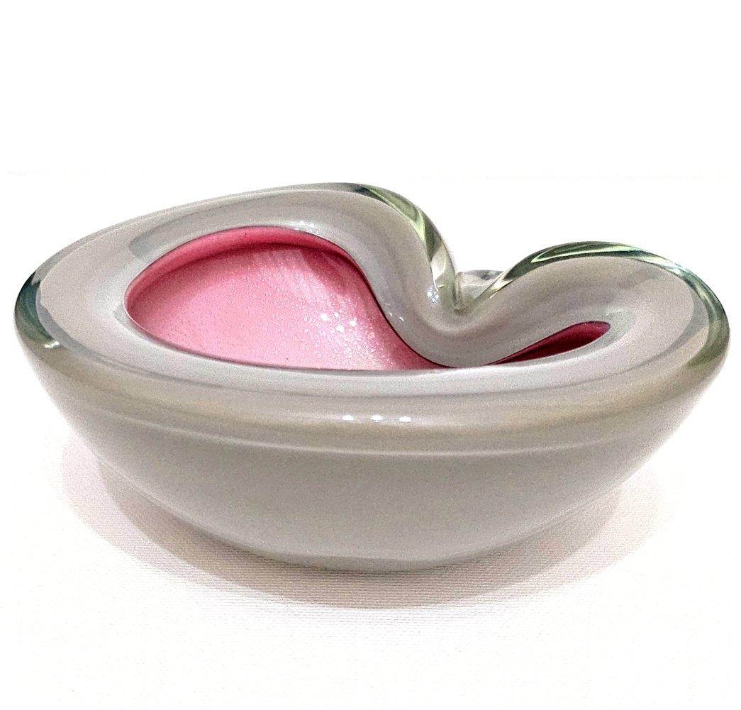 Alfredo Barbini Murano Glass Bowl, Taupe-Gray and Pink, with Gold Leaf For Sale 5
