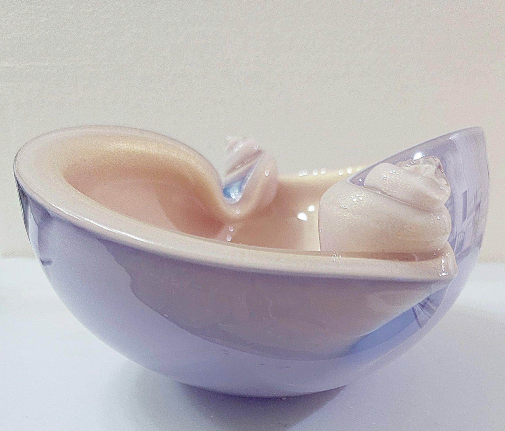 Alfredo Barbini Murano Glass Shell Bowl, Lilac & Pink with Gold Polveri For Sale 5