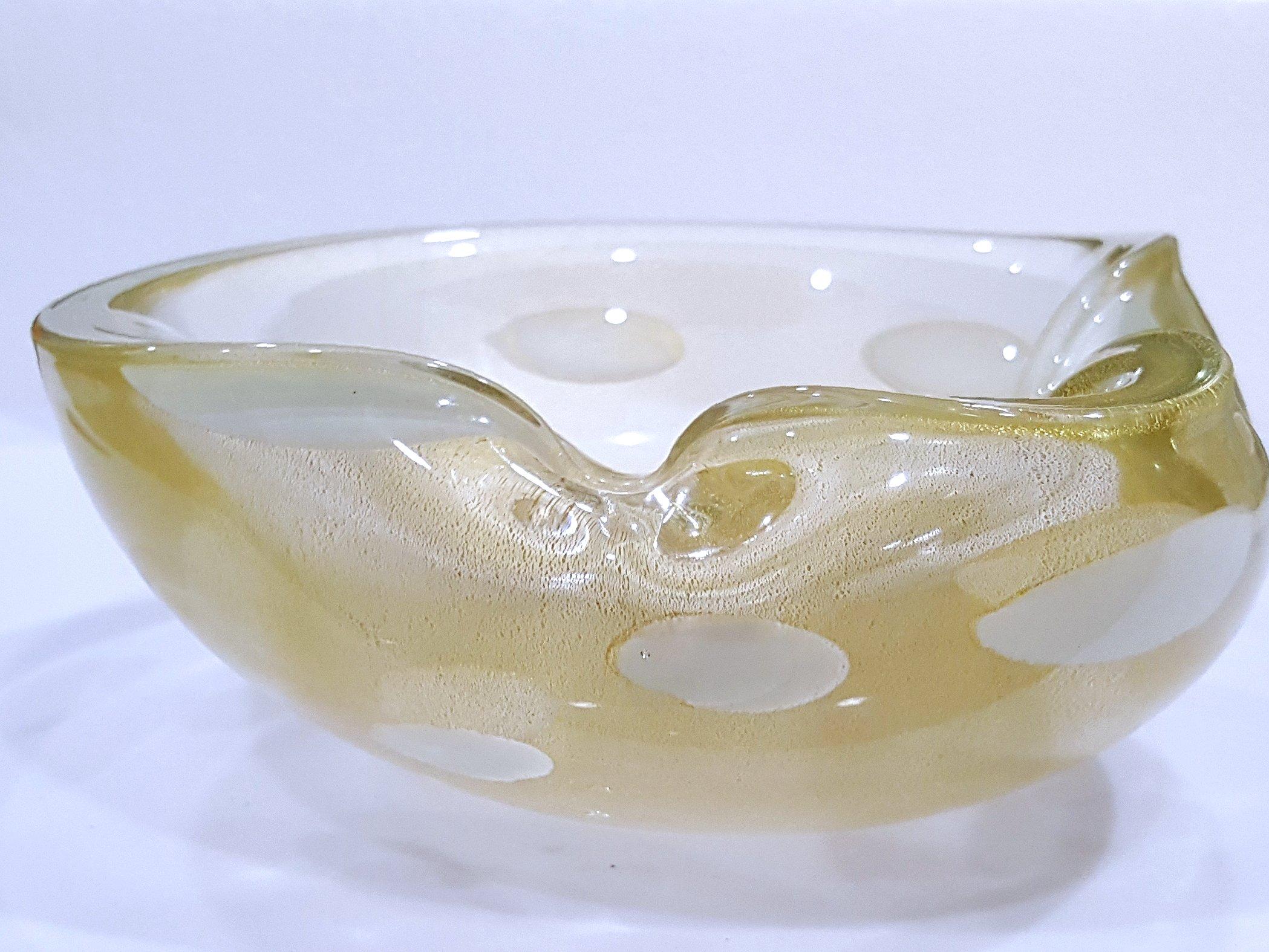 Alfredo Barbini Murano Glass Bowl, Gold Polveri w/White A Pentoni (spots)

This has been documented to Alfredo Barbini by others.
No chips or cracks. The lines shown in the photos are the spaces between the gold polveri. They are NOT cracks.
A few