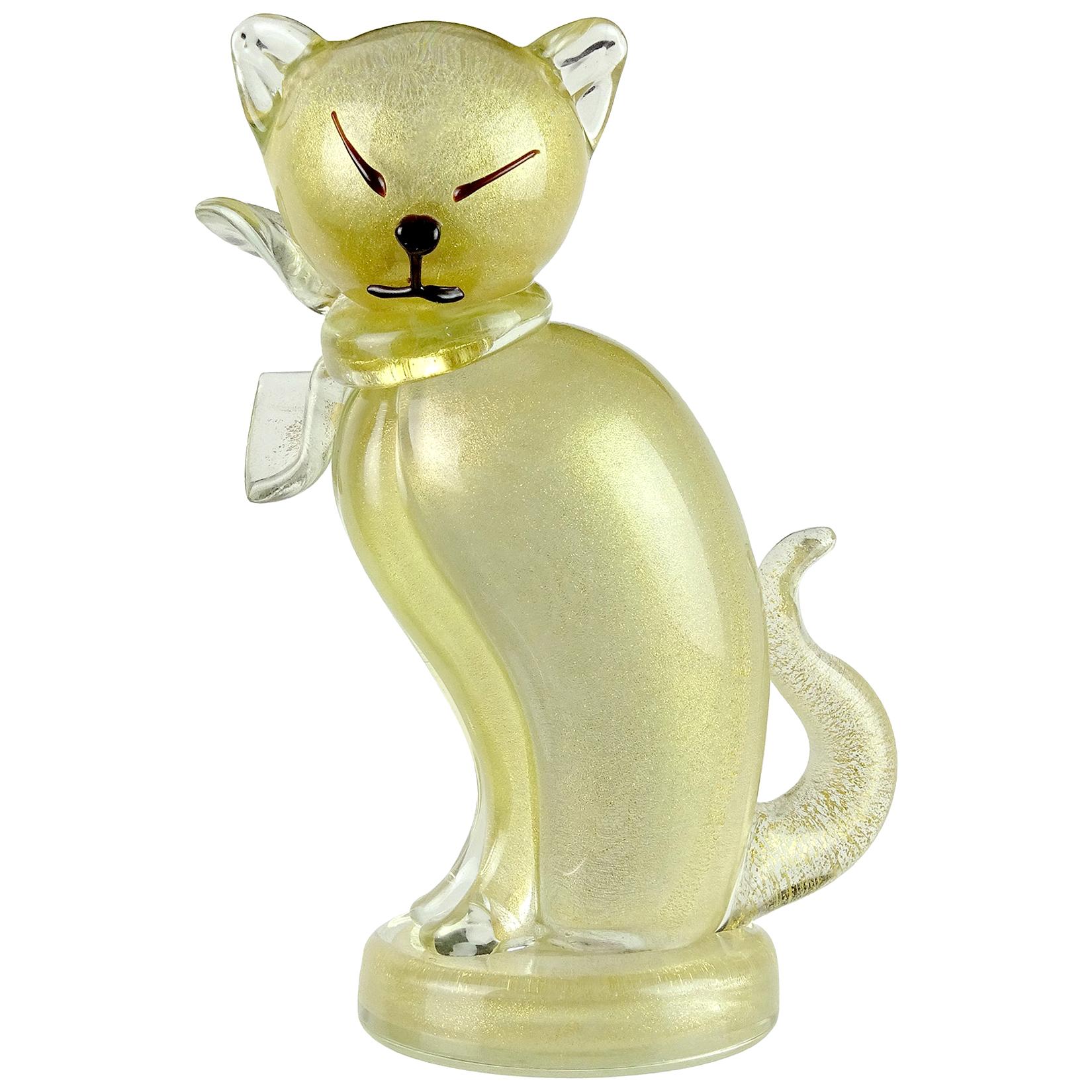 Alfredo Barbini Murano Gold Flecks Italian Art Glass Kitty Cat Sculpture Figure
