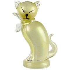 Alfredo Barbini Murano Gold Flecks Italian Art Glass Kitty Cat Sculpture Figure