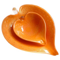 Alfredo Barbini Murano Gold Flecks Orange Bubbles Italian Art Glass Leaf Bowls