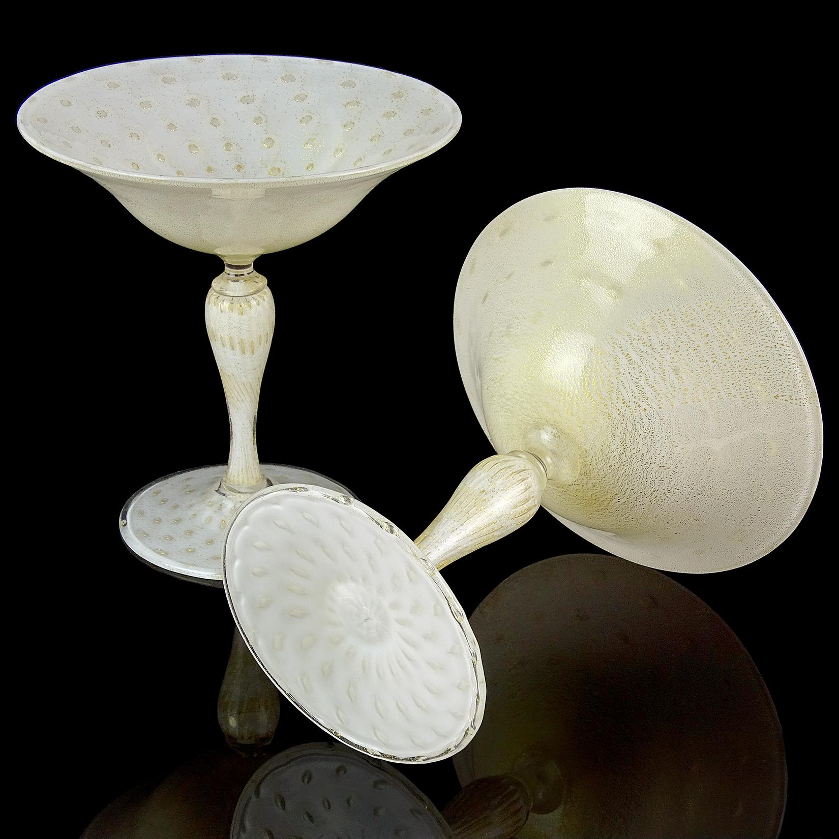Mid-Century Modern Alfredo Barbini Murano Gold Flecks White Italian Art Glass Martini Compote Bowl For Sale