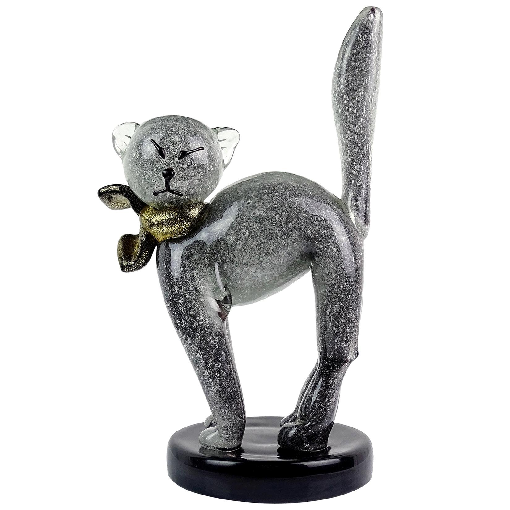 Alfredo Barbini Murano Gray Gold Flecks Italian Art Glass Kitty Cat Sculpture