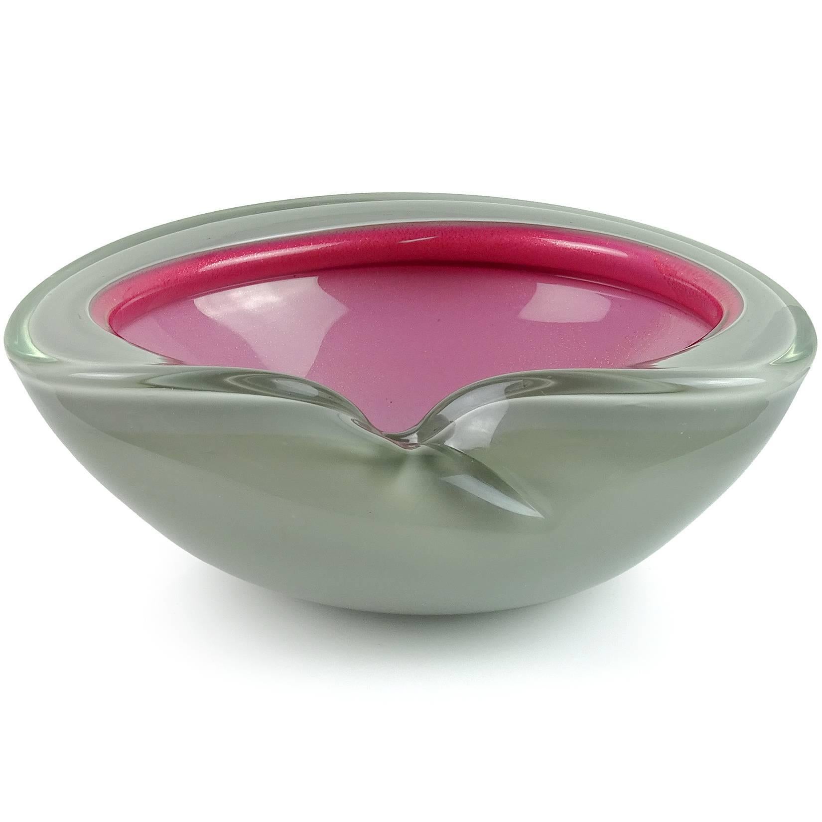 Hand-Crafted Alfredo Barbini Murano Gray Pink Gold Flecks Italian Art Glass Folded Rim Bowl
