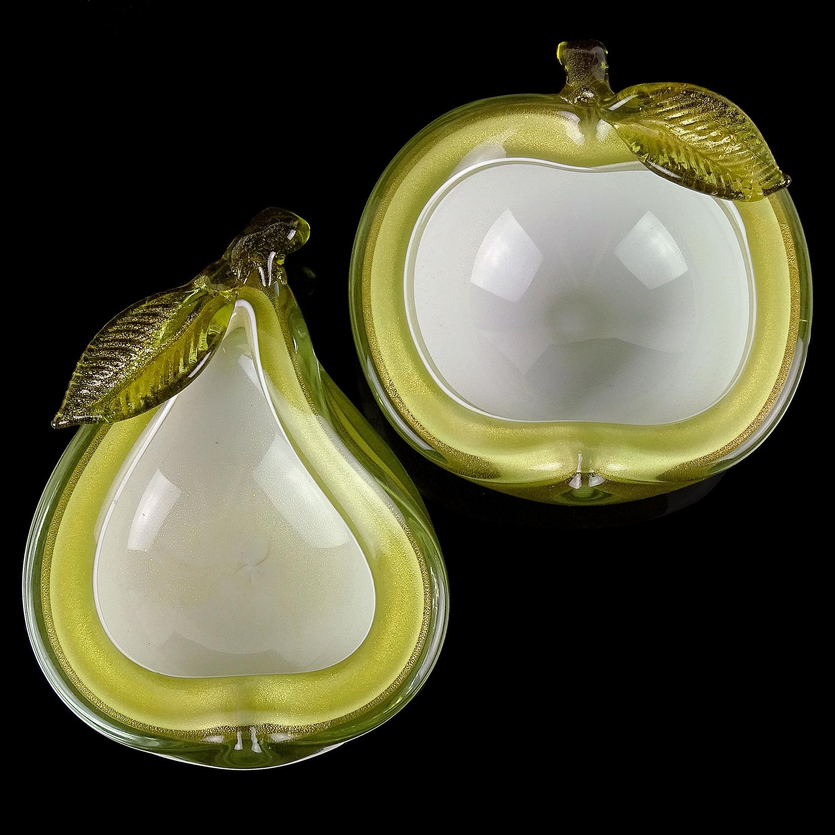 ONLY 1 Set Left! - Beautiful vintage Murano hand blown olive green over white and gold flecks Italian art glass apple and pear shaped bowls. Documented to Master glass artist and designer Alfredo Barbini, circa 1950-1960. Published in his vintage
