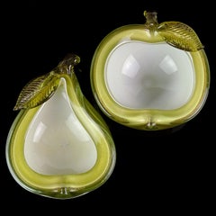 Alfredo Barbini Murano Green Apple Pear Gold Flecks Italian Art Glass Bowls