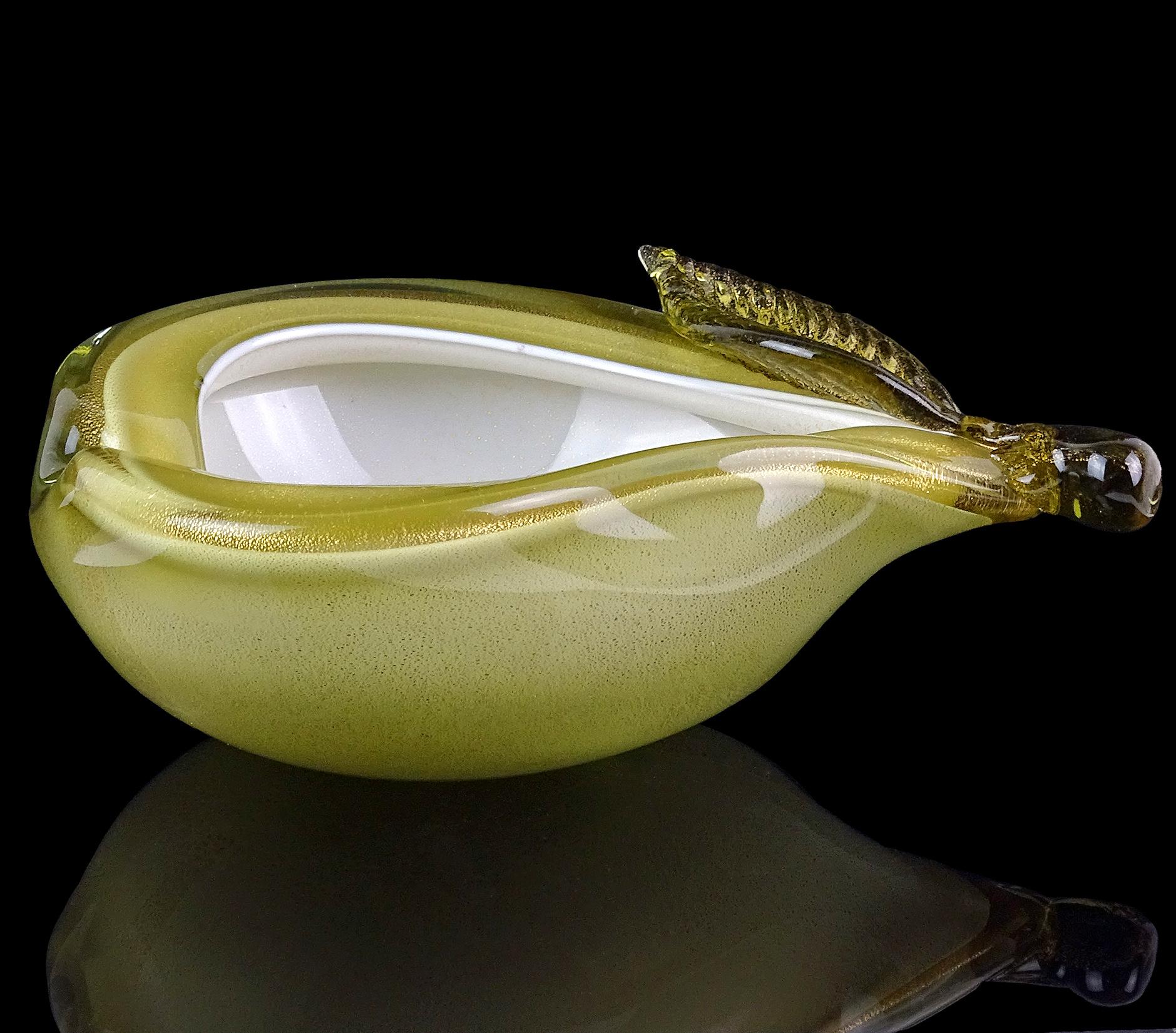 Mid-Century Modern Alfredo Barbini Murano Green Apple Pear Gold Flecks Italian Art Glass Bowls