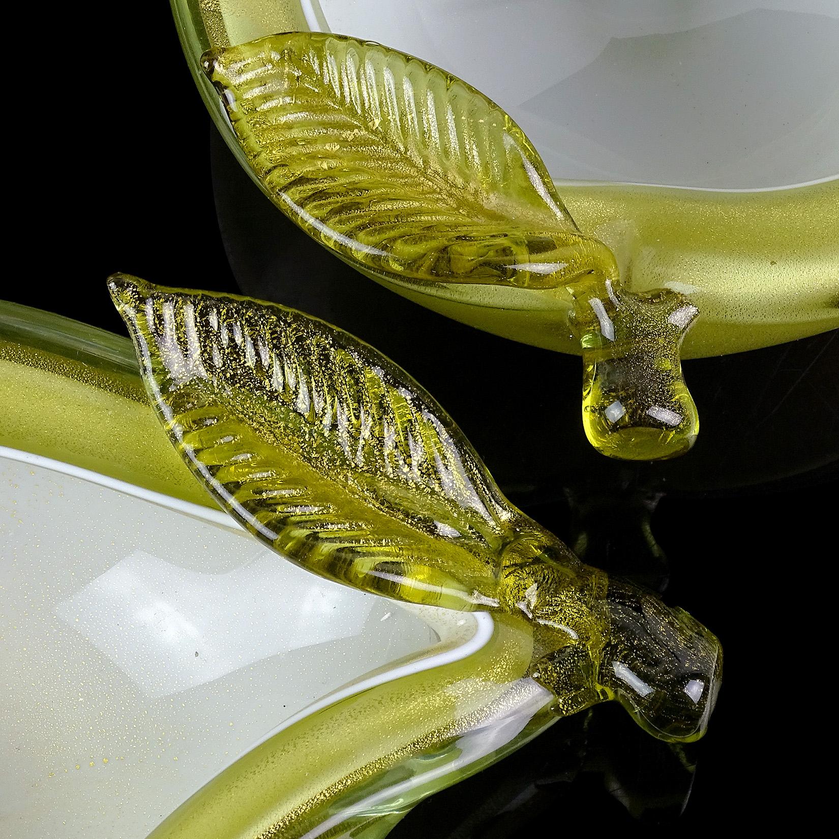 Blown Glass Alfredo Barbini Murano Green Apple Pear Gold Flecks Italian Art Glass Bowls