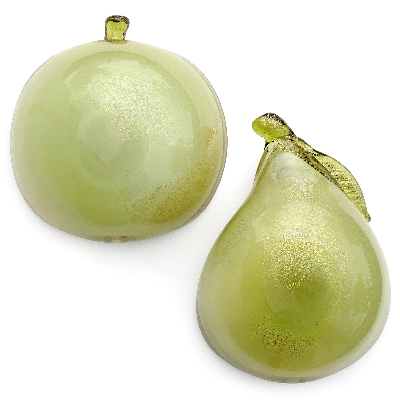 Alfredo Barbini Murano Green Apple Pear Gold Flecks Italian Art Glass Bowls 2