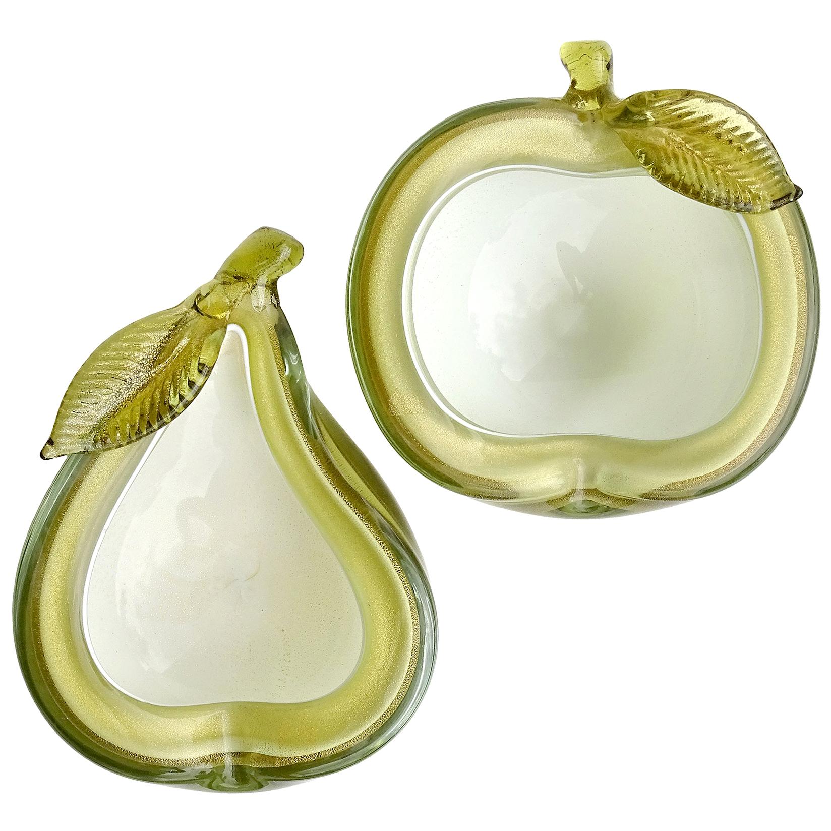 Alfredo Barbini Murano Green Apple Pear Gold Flecks Italian Art Glass Bowls