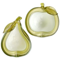 Retro Alfredo Barbini Murano Green Apple Pear Gold Flecks Italian Art Glass Bowls