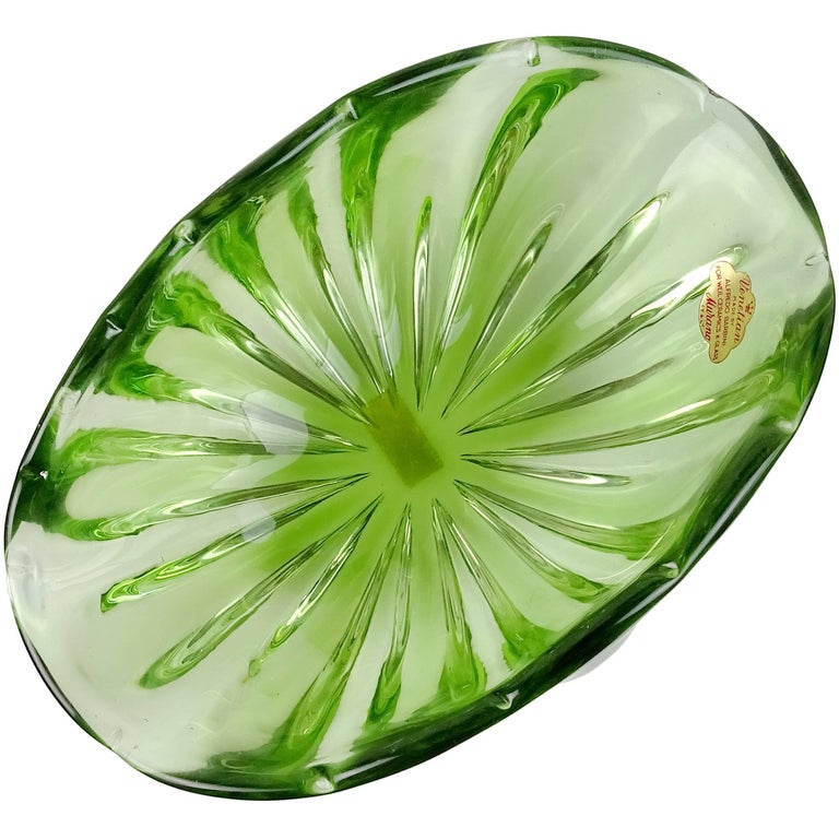 Alfredo Barbini Murano Green Sommerso Italian Art Glass Fruit Bowl Murano Hand Blown Sommerso Green Italian Art Glass Ribbed Fruit Centerpiece Bowl Documented To