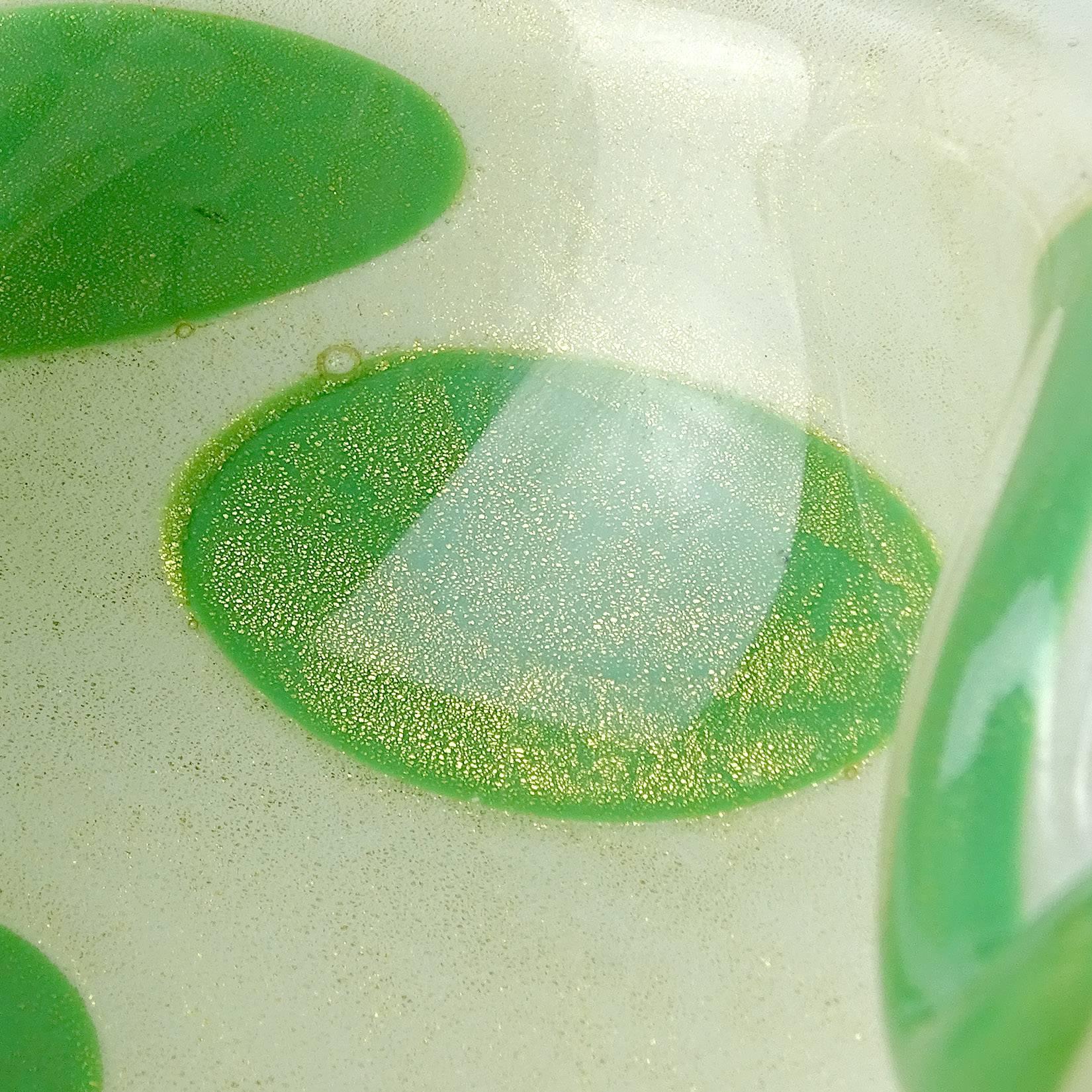Hand-Crafted Alfredo Barbini Murano Green Spots White Gold Flecks Italian Art Glass Bowl Dish