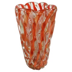 Vintage Alfredo Barbini Murano Italian Art Glass Ribbed 'Corallo Oro' Vase w/ Gold Fleck