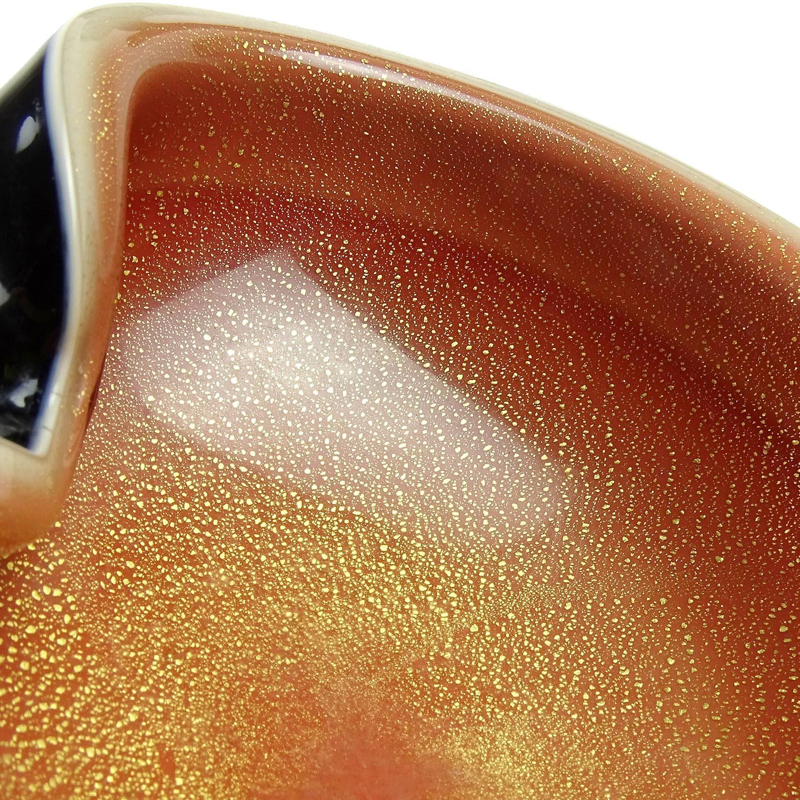 Mid-Century Modern Alfredo Barbini Murano Orange Black Gold Flecks Italian Art Glass Bowl Dish
