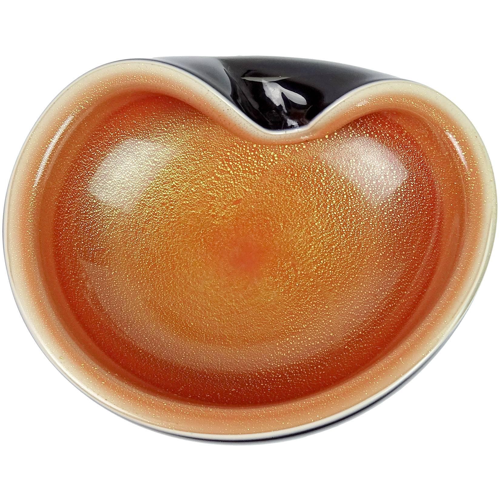 Hand-Crafted Alfredo Barbini Murano Orange Black Gold Flecks Italian Art Glass Bowl Dish