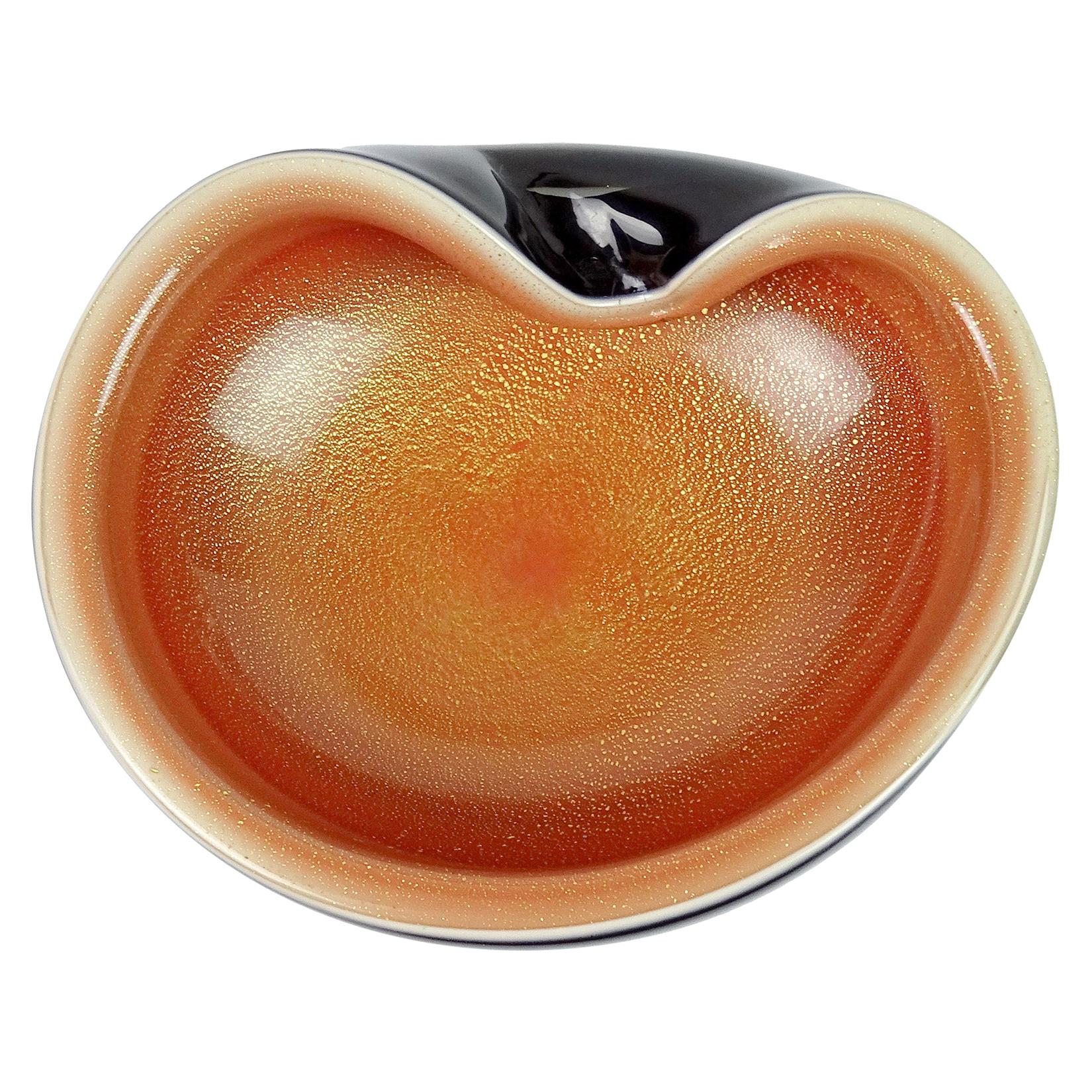 Alfredo Barbini Murano Orange Black Gold Flecks Italian Art Glass Bowl Dish