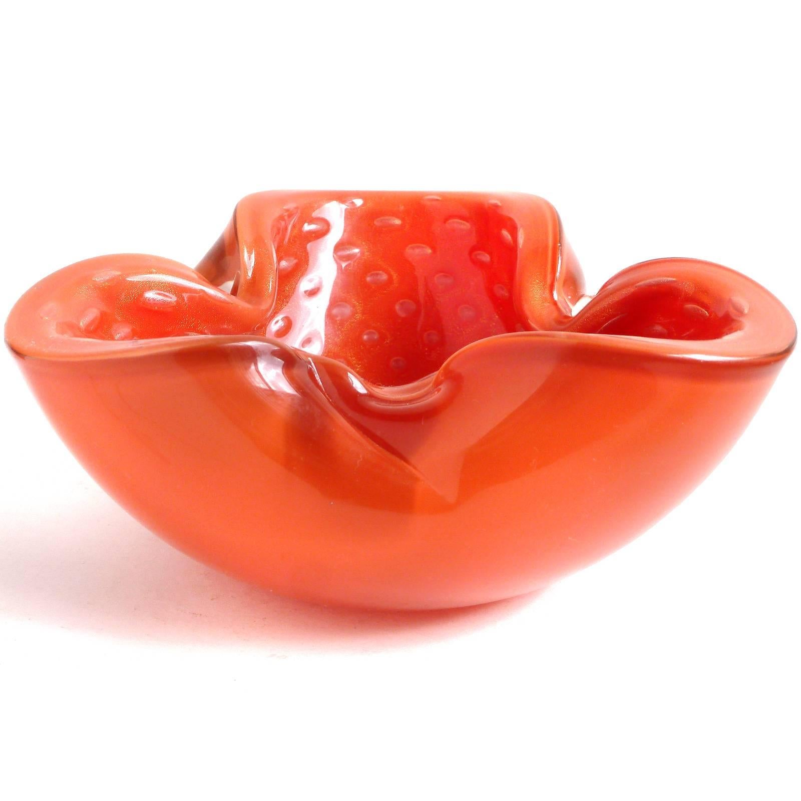 Hand-Crafted Alfredo Barbini Murano Orange Gold Flecks Italian Art Glass Bullicante Bowl