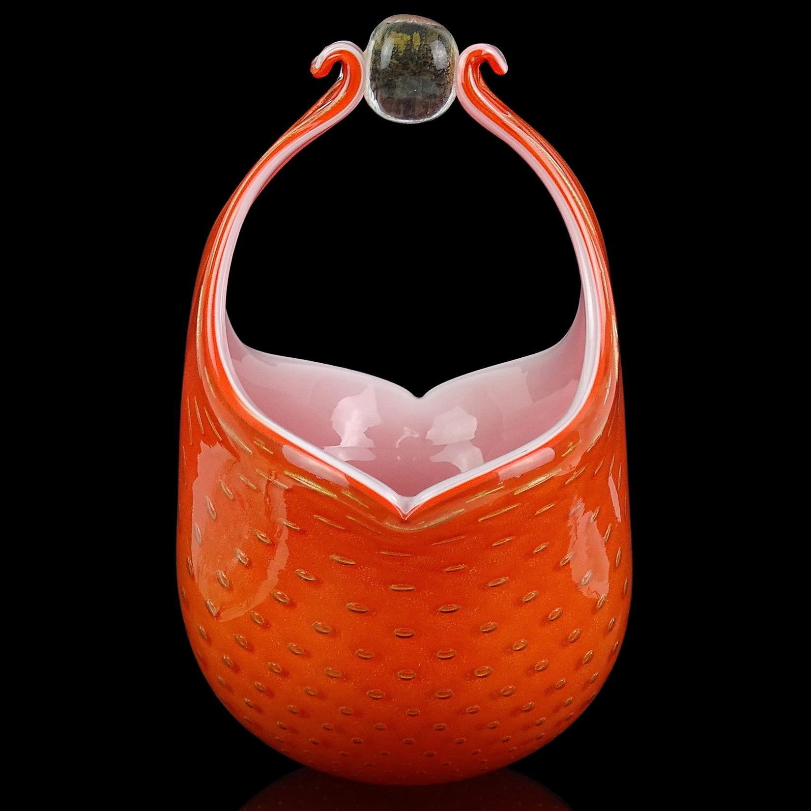 Blumenkorb-Vase aus italienischem Muranoglas mit orangefarbenen Goldflecken von Alfredo Barbini (Italienisch) im Angebot