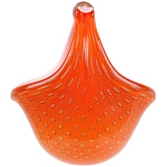 Vase panier à fleurs en verre d'art italien de Murano orange à mouchetures dorées d'Alfredo Barbini