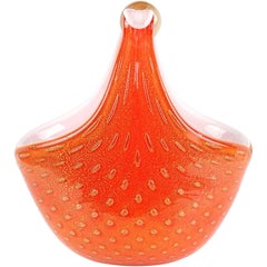 Alfredo Barbini Murano Orange Gold Flecks Italian Art Glass Flower Basket Vase