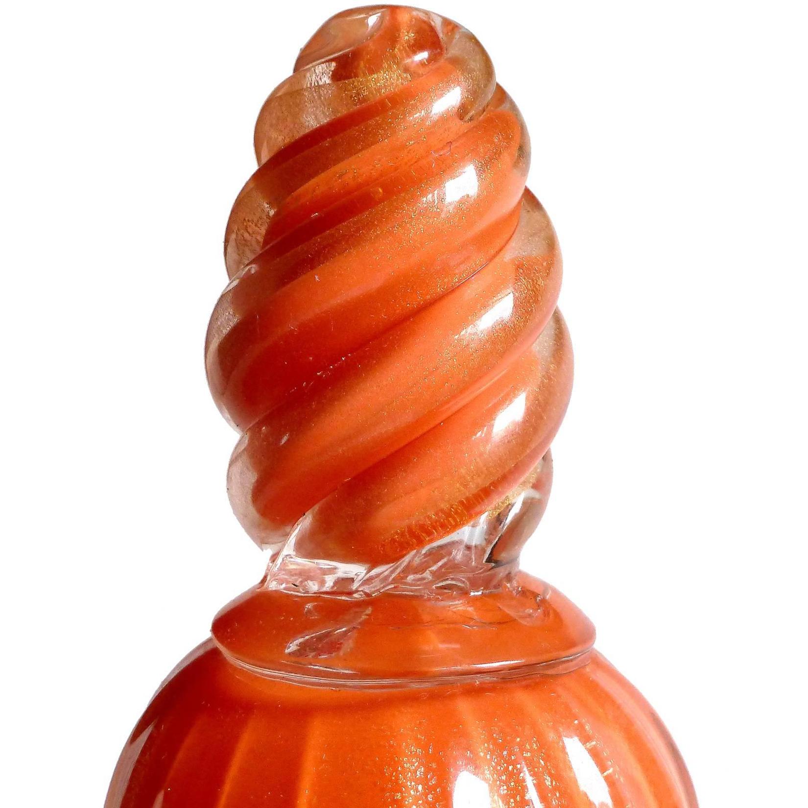 Gorgeous, large vintage Murano hand blown persimmon orange, with gold flecks Italian art glass ginger, cookie or candy jar. Documented to designer Alfredo Barbini, circa 1950s. Published in his catalog (please see photo). It is referred to as 