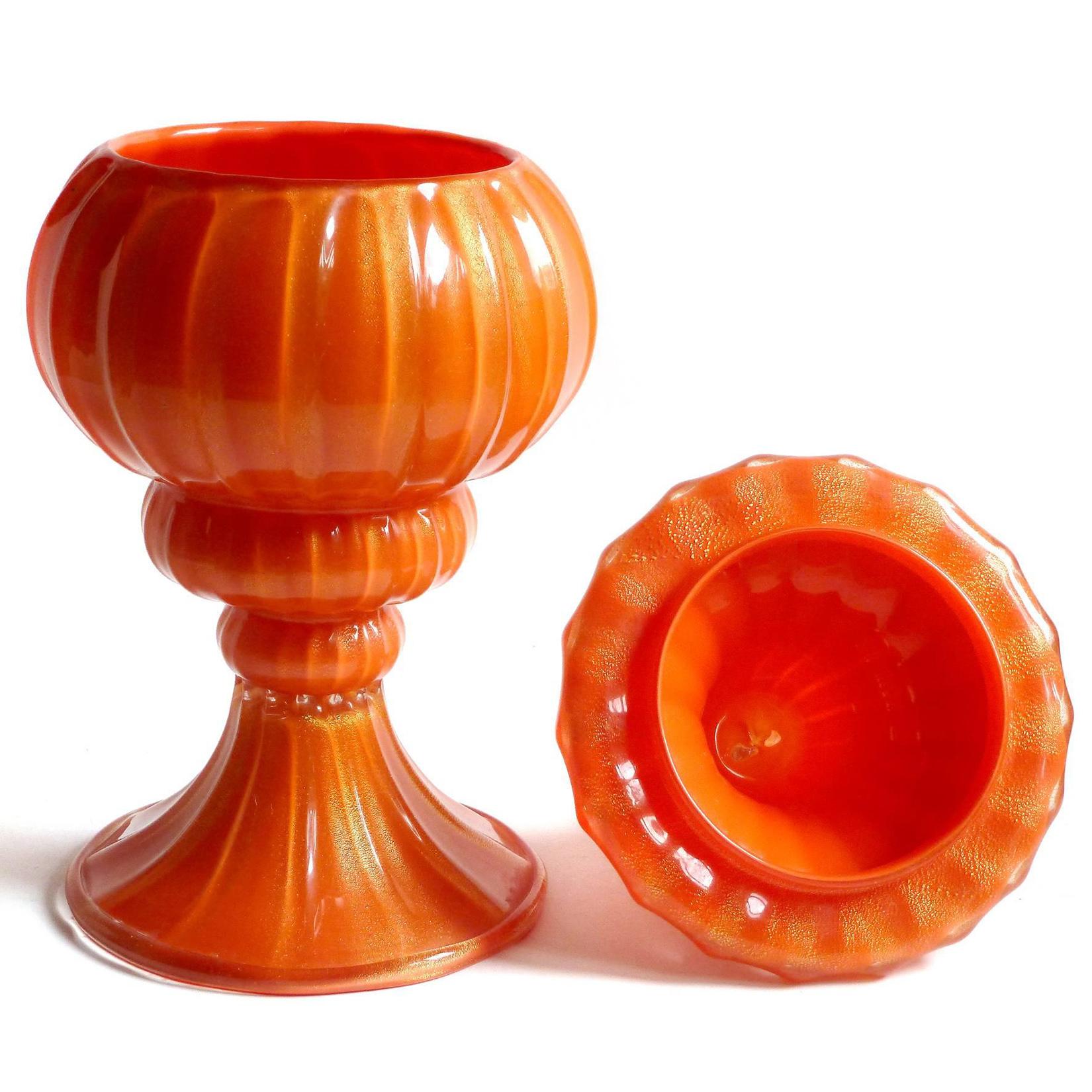 Mid-Century Modern Alfredo Barbini Murano Orange Gold Flecks Italian Art Glass Ribbed Cookie Jar For Sale