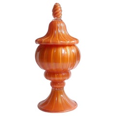 Alfredo Barbini Murano Orange Goldflecken italienische Kunst Glas gerippt Cookie Jar