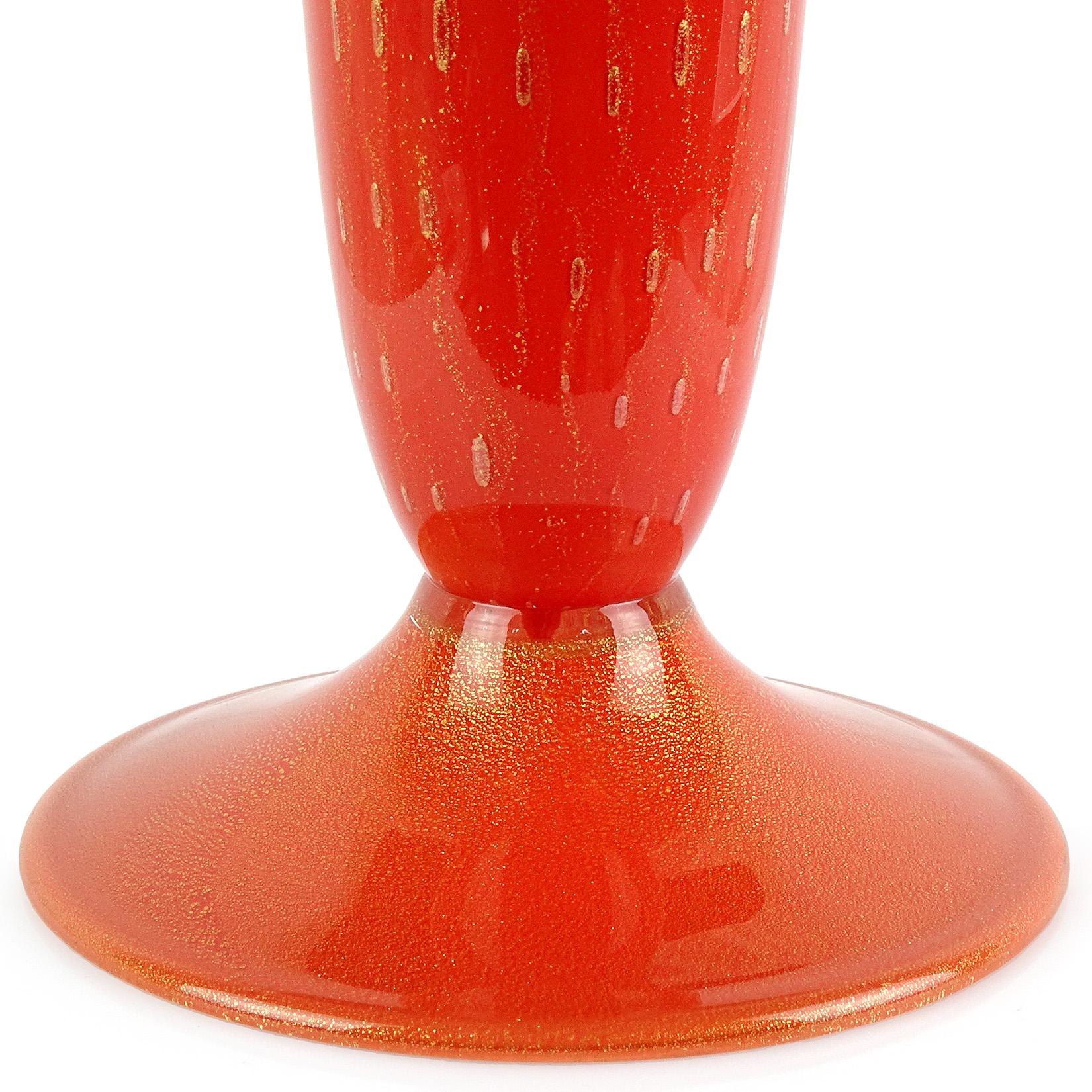 Hand-Crafted Alfredo Barbini Murano Orange Gold Flecks Italian Art Glass Trumpet Flower Vase