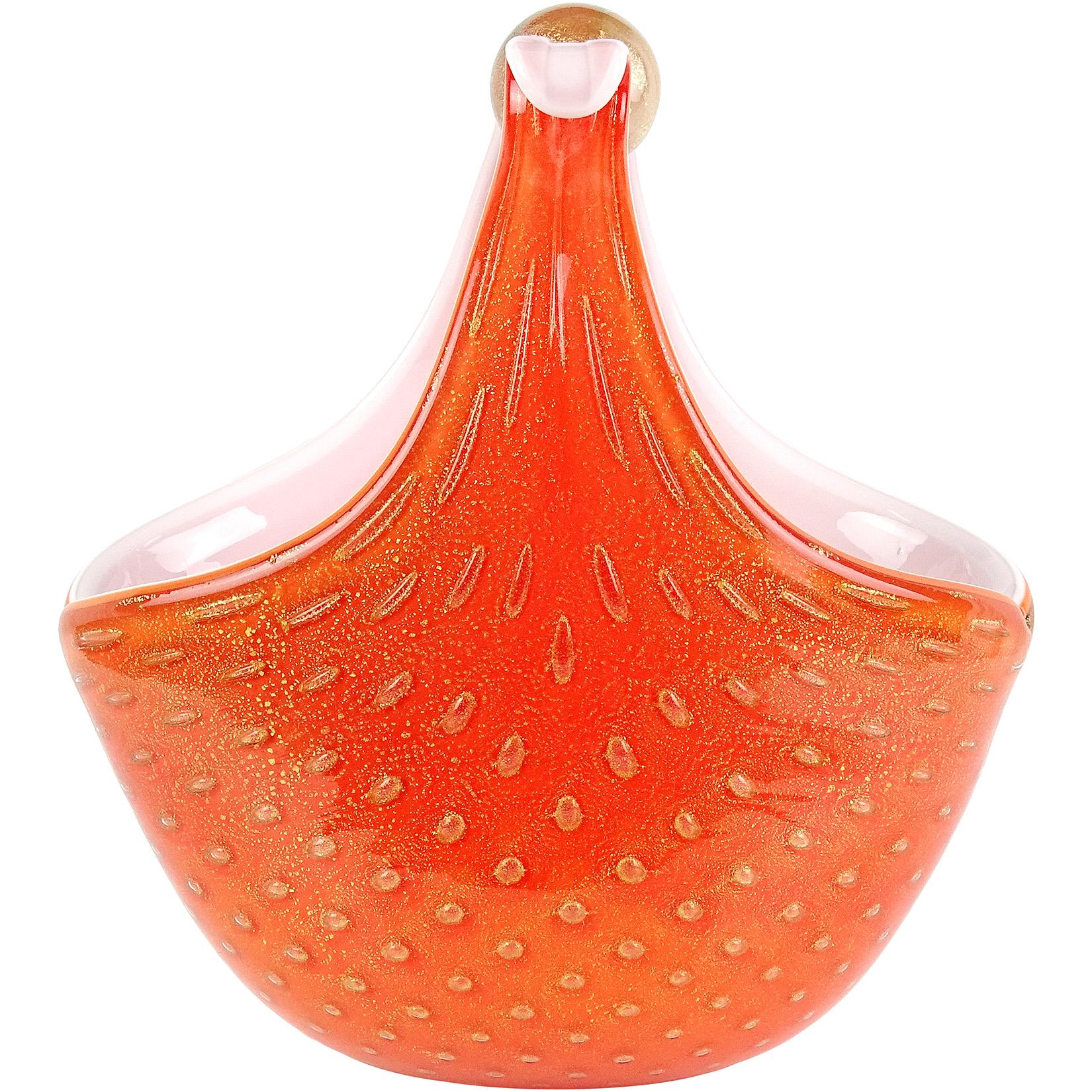 20th Century Alfredo Barbini Murano Orange Gold Flecks Italian Art Glass Trumpet Flower Vase