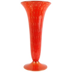 Alfredo Barbini Murano Orange Gold Flecks Italian Art Glass Trumpet Flower Vase