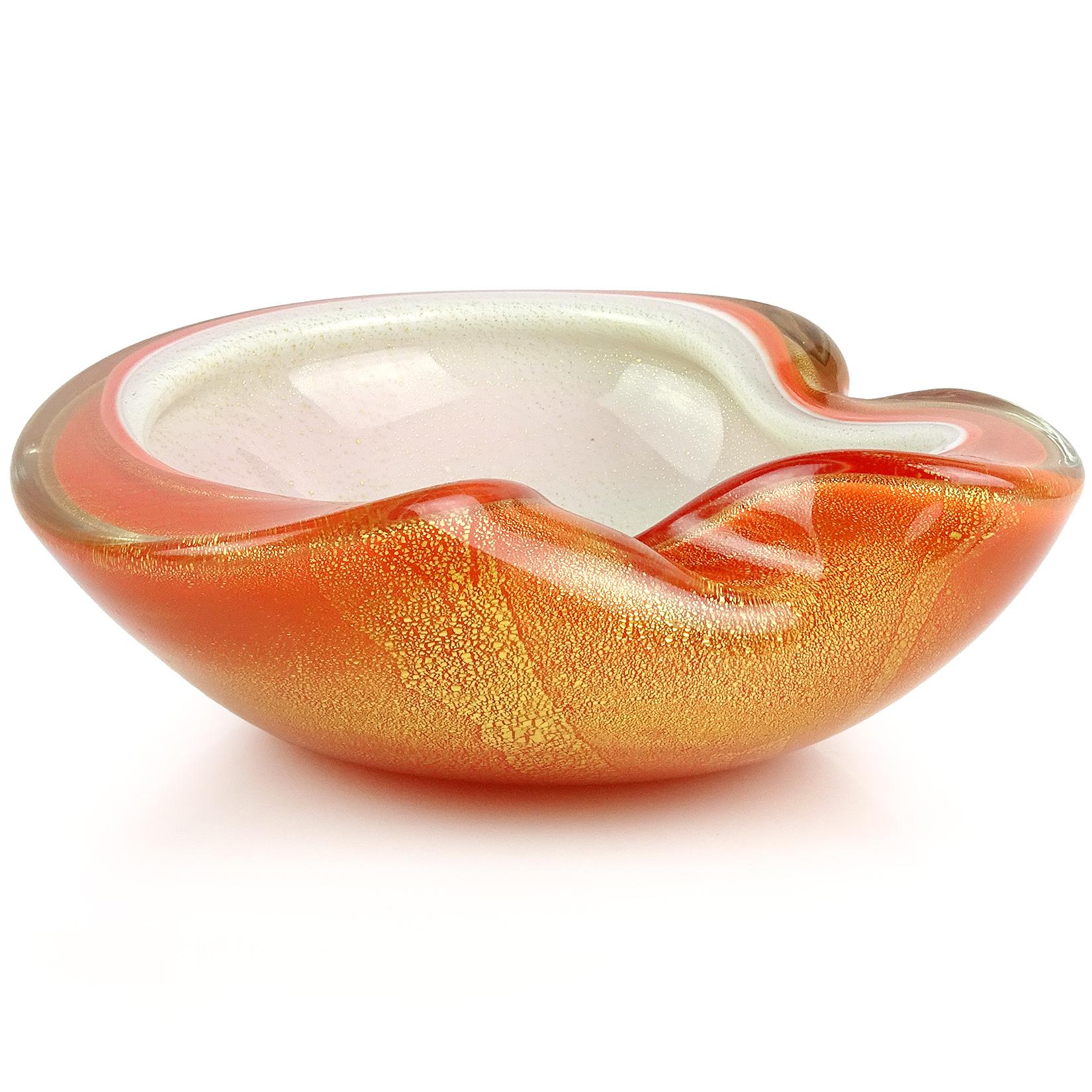 Mid-Century Modern Alfredo Barbini Murano Orange White Gold Flecks Italian Art Glass Bowl Dish