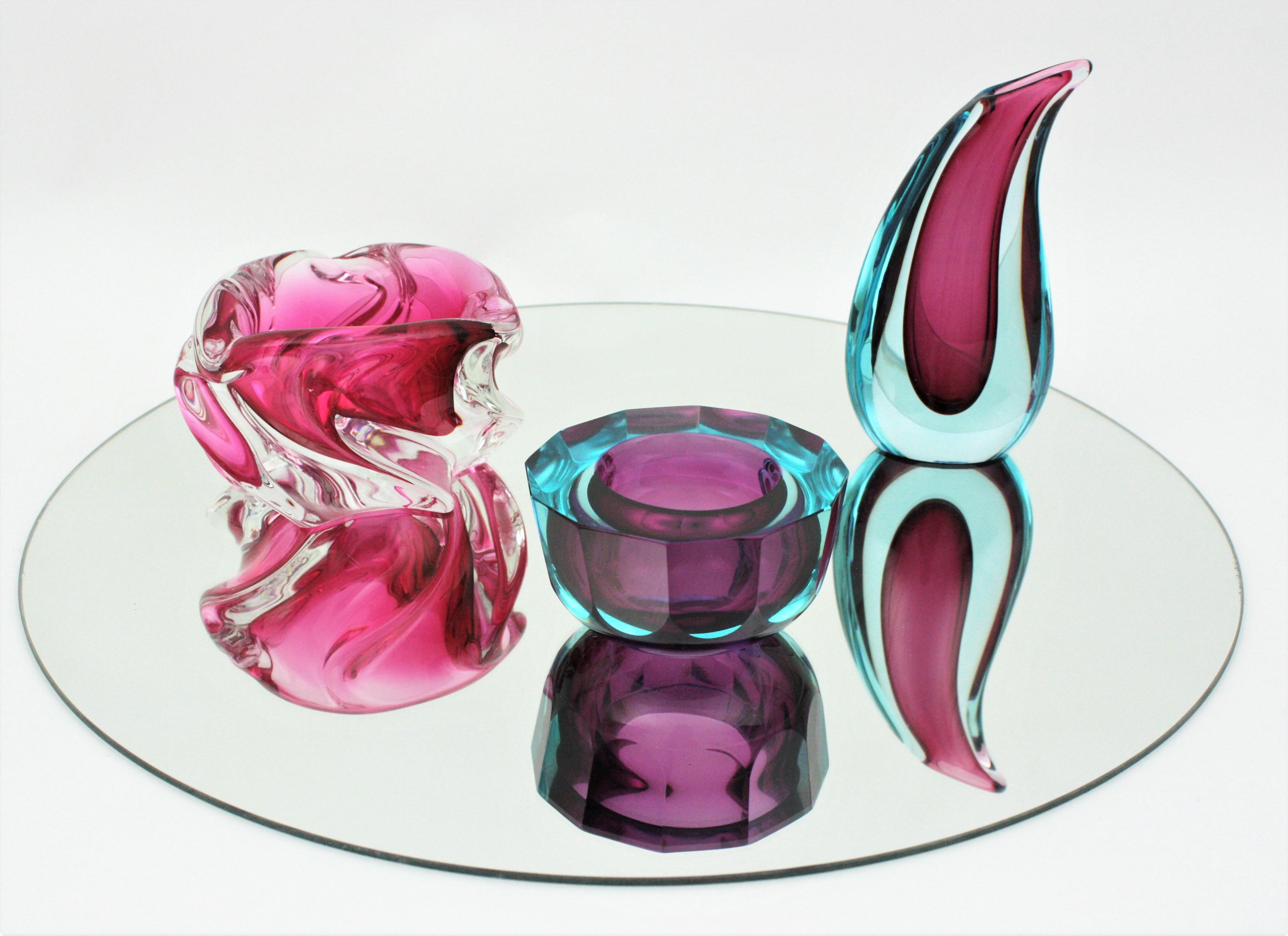 Mid-Century Modern Alfredo Barbini Murano Sommerso Pink Clear Art Glass Bowl / Ashtray