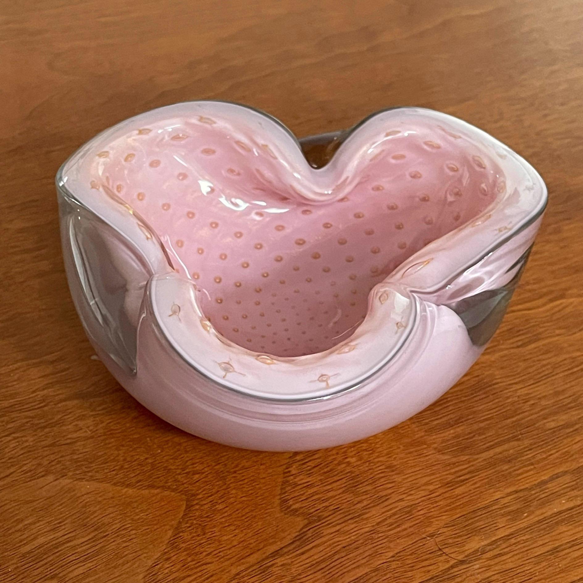 Italian Alfredo Barbini Murano Pink and Gold Bullicante Bowl Cased Glass For Sale