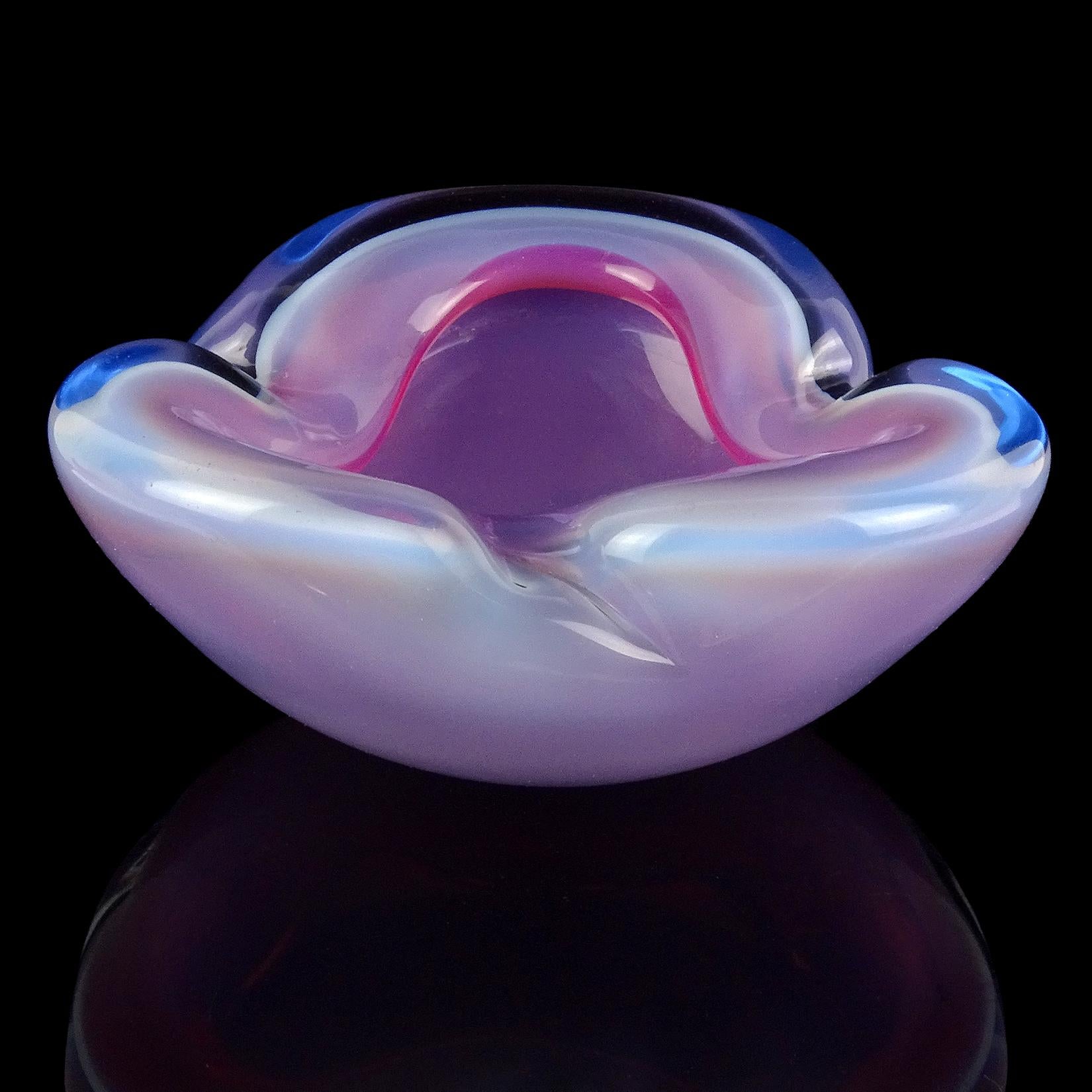 Hand-Crafted Alfredo Barbini Murano Pink Blue Opalescent Italian Art Glass Decorative Bowl