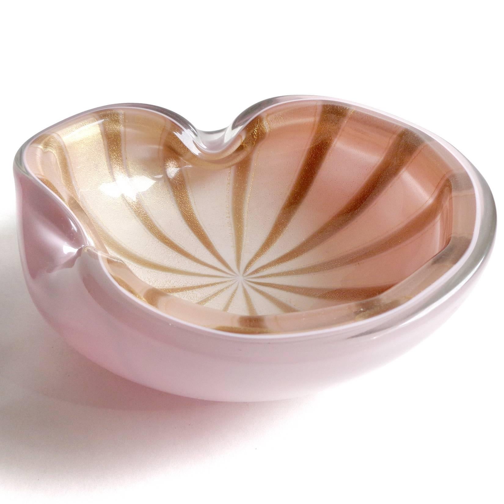 Mid-Century Modern Alfredo Barbini Murano Pink Gold Fleck Aventurine Stripes Italian Art Glass Bowl