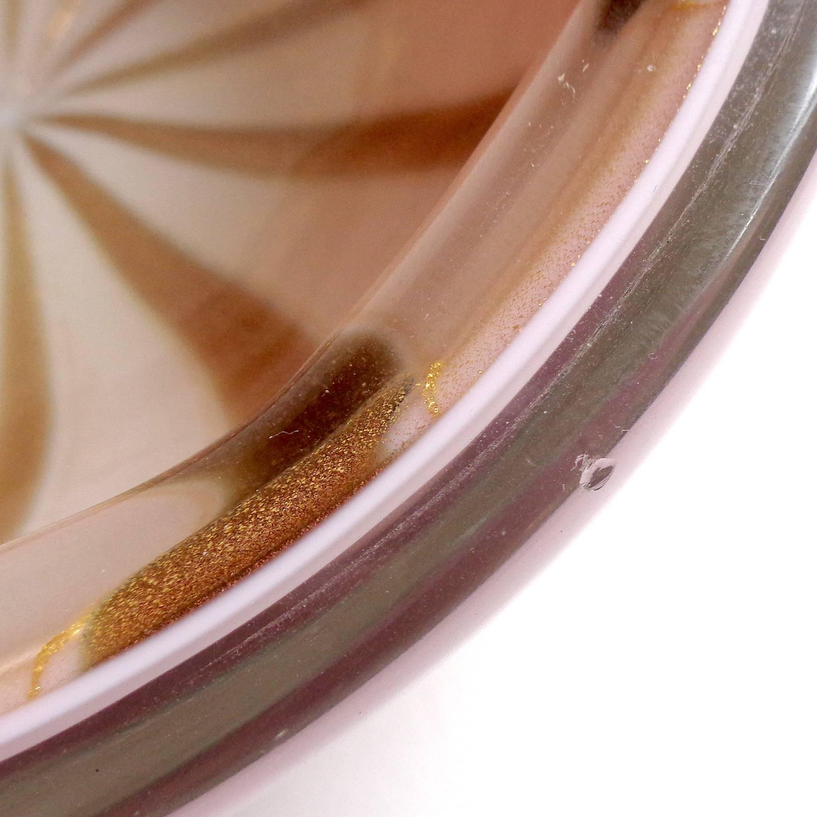 Alfredo Barbini Murano Pink Gold Fleck Aventurine Stripes Italian Art Glass Bowl In Good Condition In Kissimmee, FL