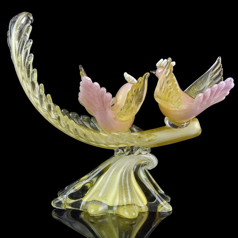 Alfredo Barbini Murano Pink Gold Flecks Italian Art Glass Birds Leaf