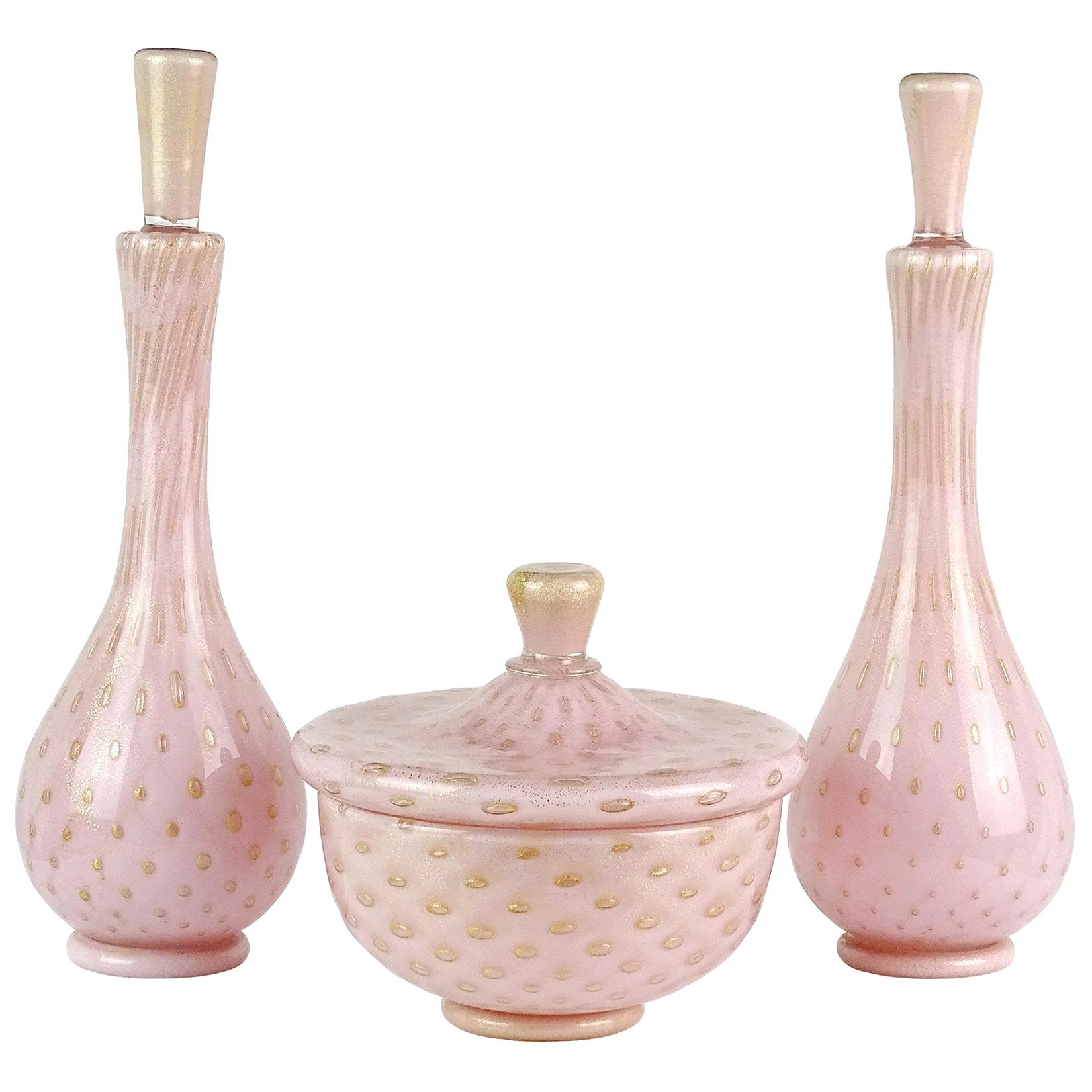 Alfredo Barbini Murano Pink Gold Flecks Italian Art Glass Powder Box Bottle Set