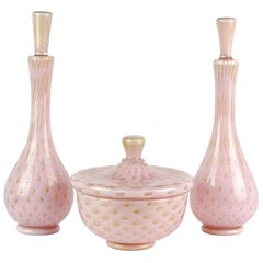 Alfredo Barbini Murano Pink Gold Flecks Italian Art Glass Powder Box Bottle Set