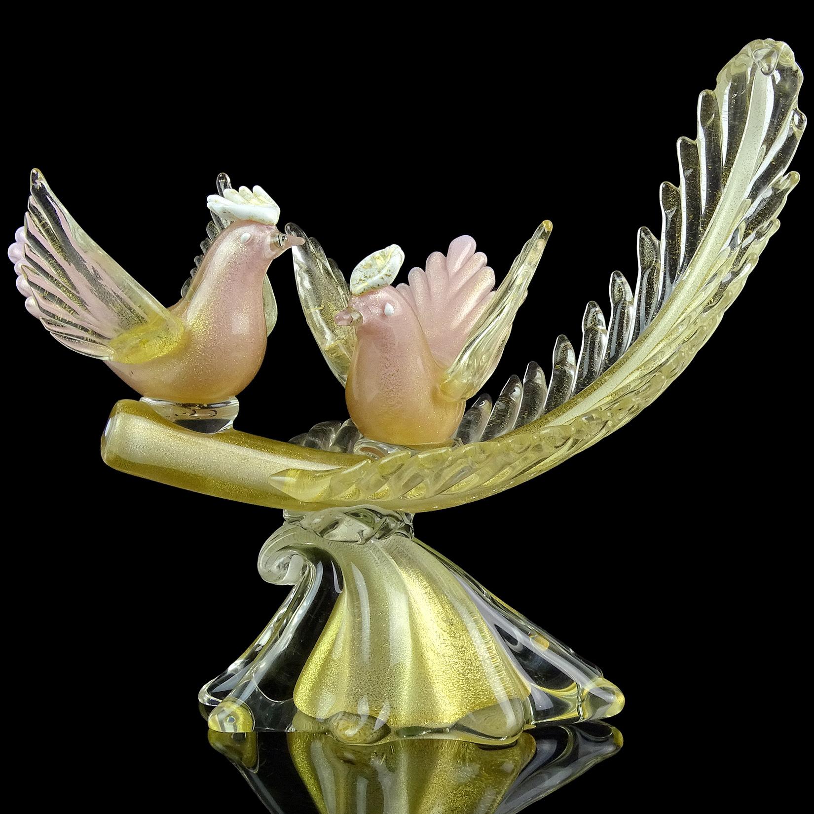 Gorgeous and large, vintage Murano hand blown pink, white and gold flecks Italian art glass courting birds on balanced feather sculpture. Documented to master glass artist and designer Alfredo Barbini. The sculpture is published in the Barbini