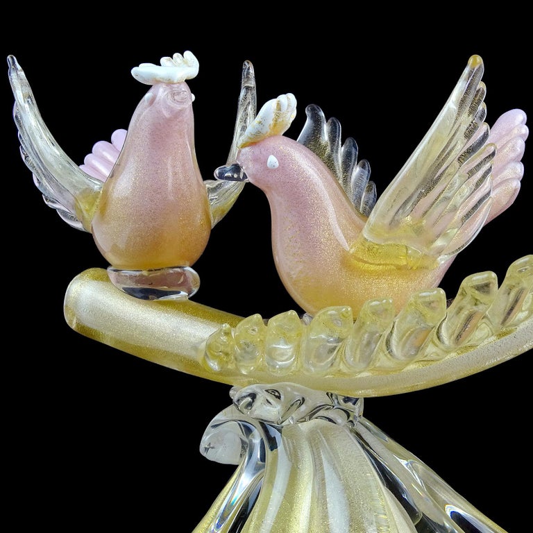 Mid-Century Modern Alfredo Barbini Murano Pink Gold Leaf Italian Art Glass Courting Birds Sculpture For Sale