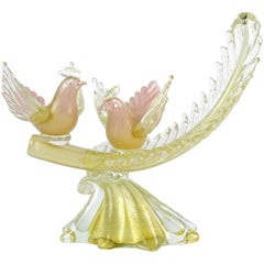 Alfredo Barbini Murano Pink Gold Leaf Italian Art Glass Courting Birds Sculpture