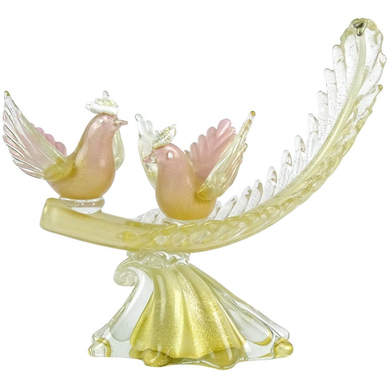 Alfredo Barbini Murano Pink Gold Leaf Italian Art Glass Courting Birds Sculpture For Sale