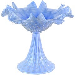 Alfredo Barbini Murano Powder Blue Gold Flecks Italian Art Glass Compote Bowl