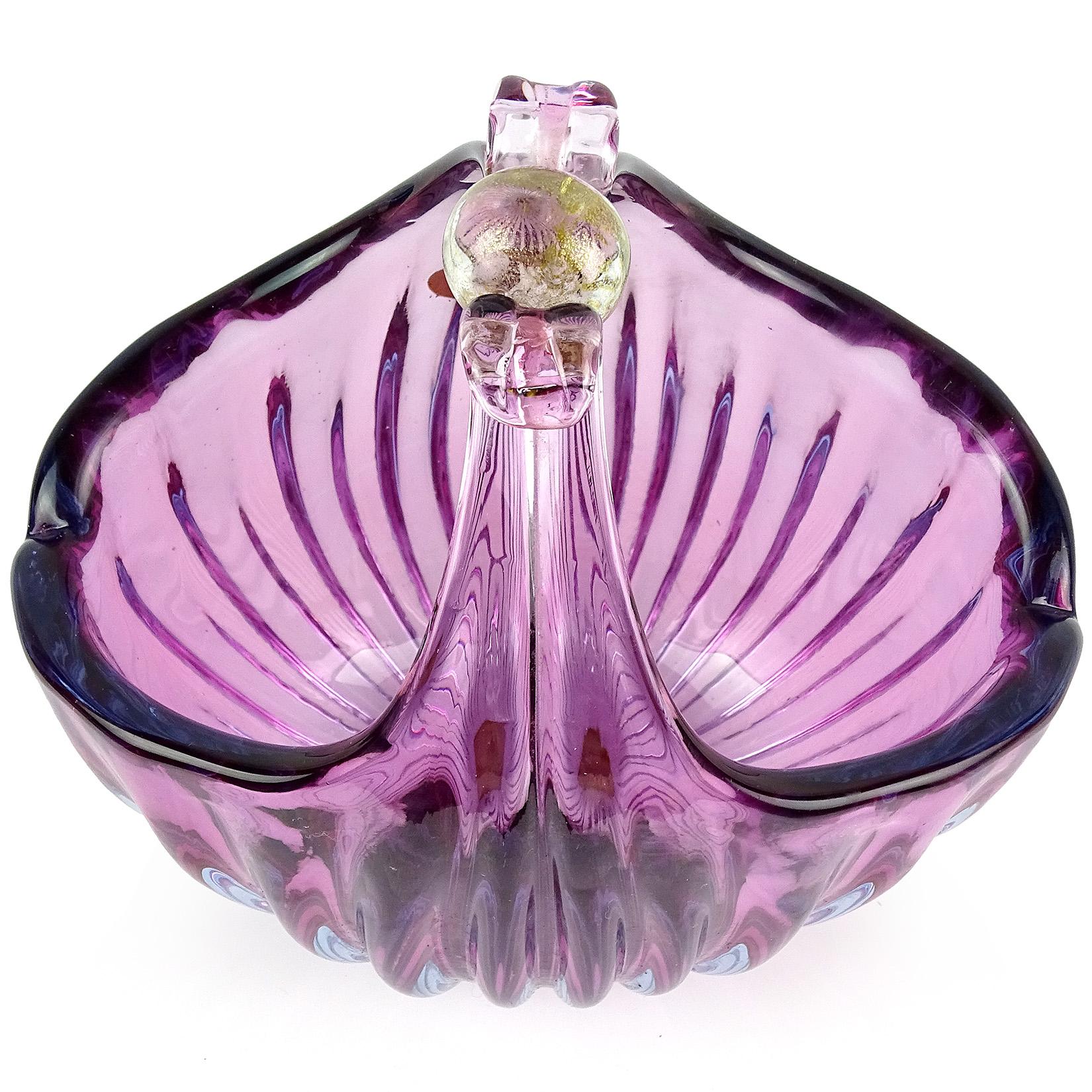 Mid-Century Modern Alfredo Barbini Murano Purple Gold Flecks Italian Art Glass Flower Basket Vase